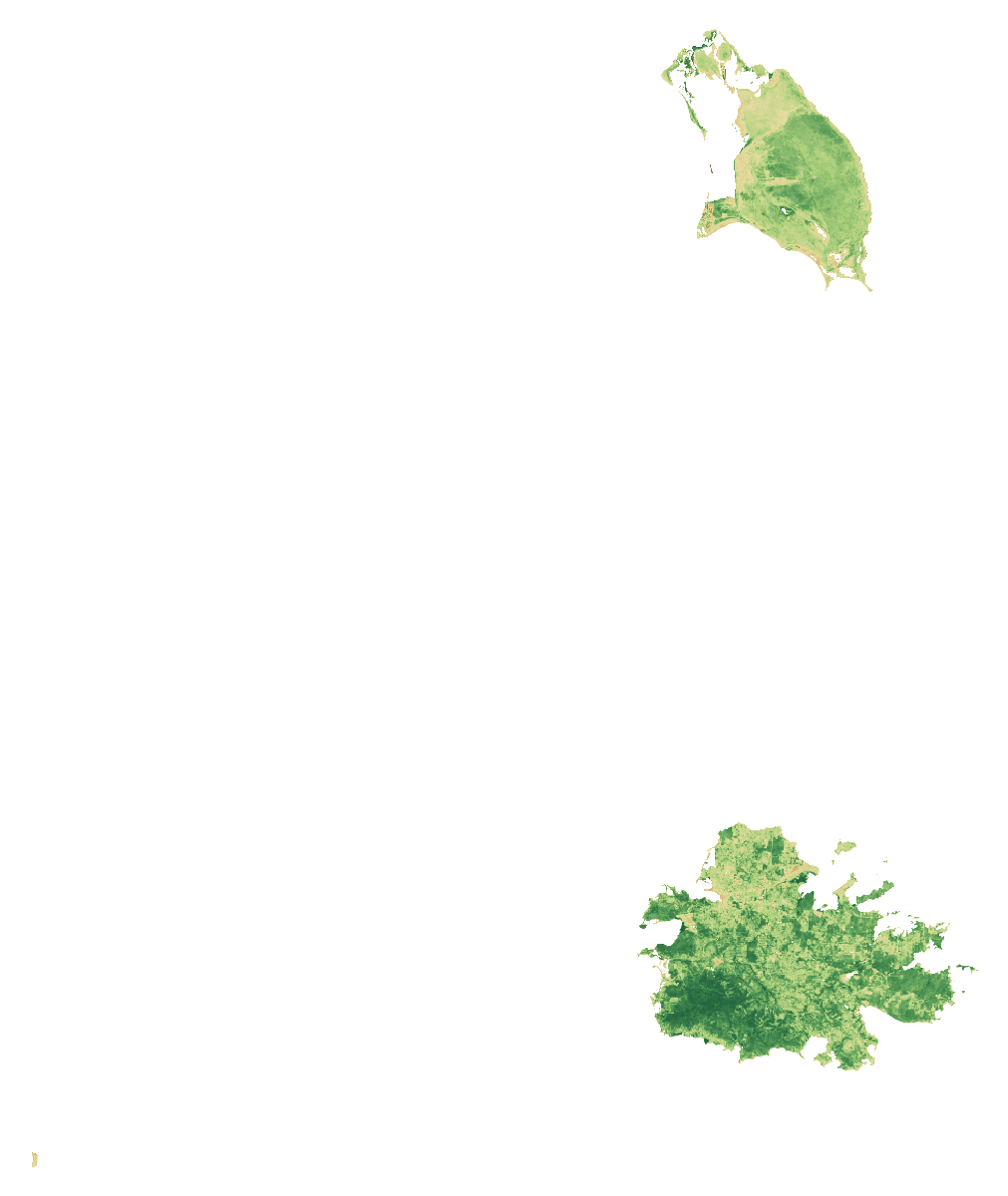 NDVI vegetation-signal median composite of Antigua and Barbuda, January to September 2026; same extent as the natural-colour view