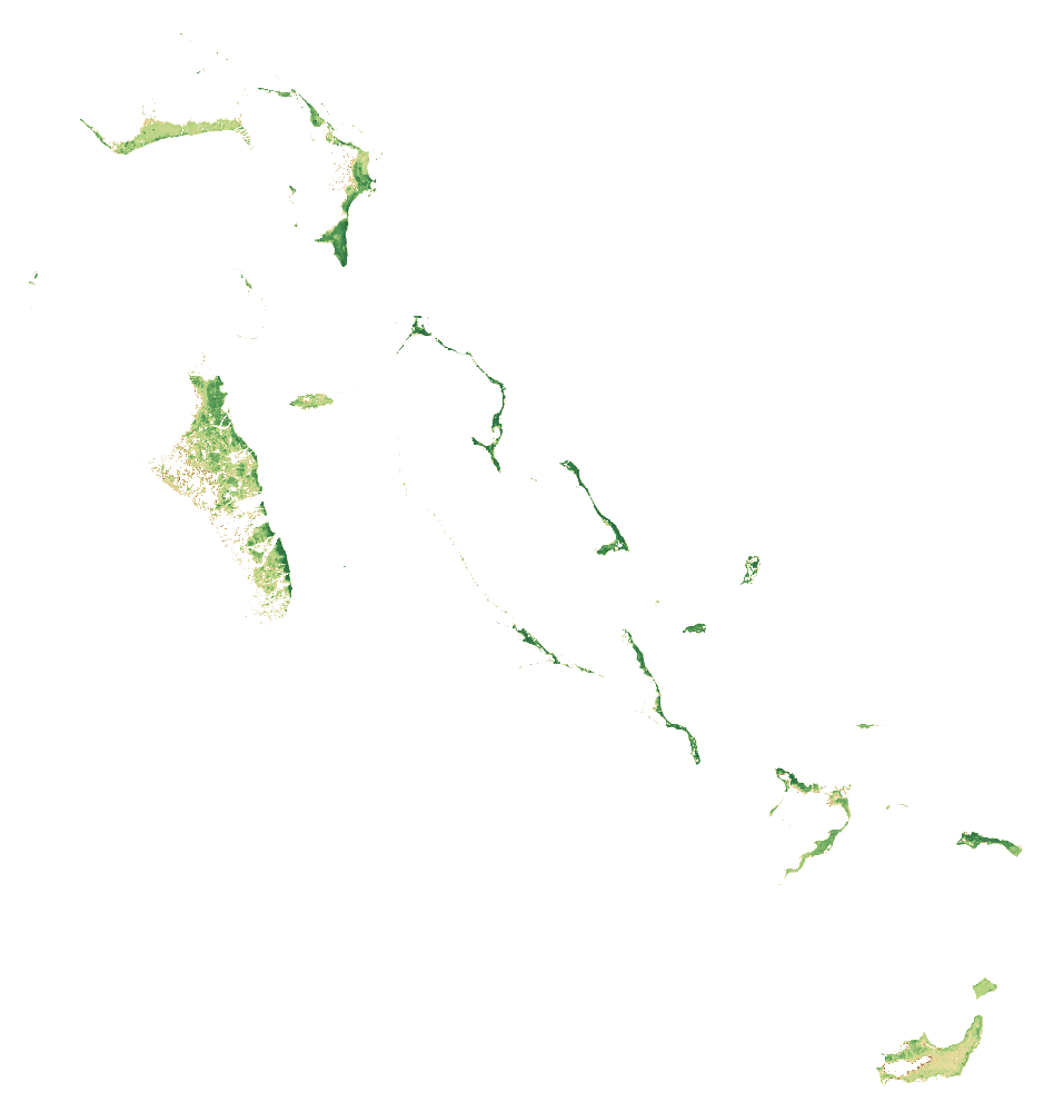 NDVI vegetation-signal median composite of The Bahamas, January to September 2026; same extent as the natural-colour view