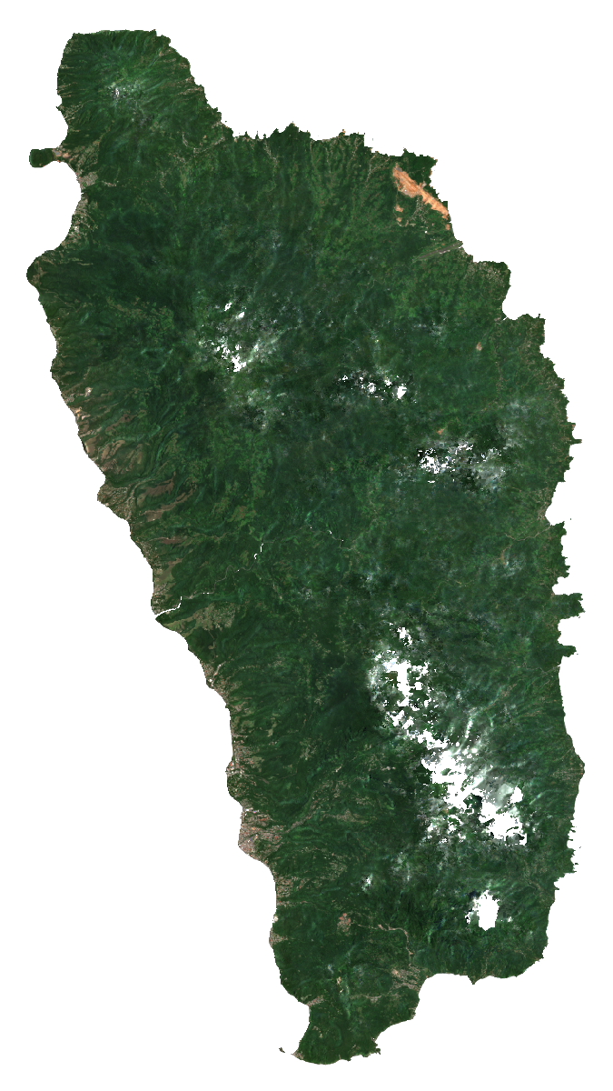 Natural-colour Sentinel-2 median composite of Dominica, January to September 2026