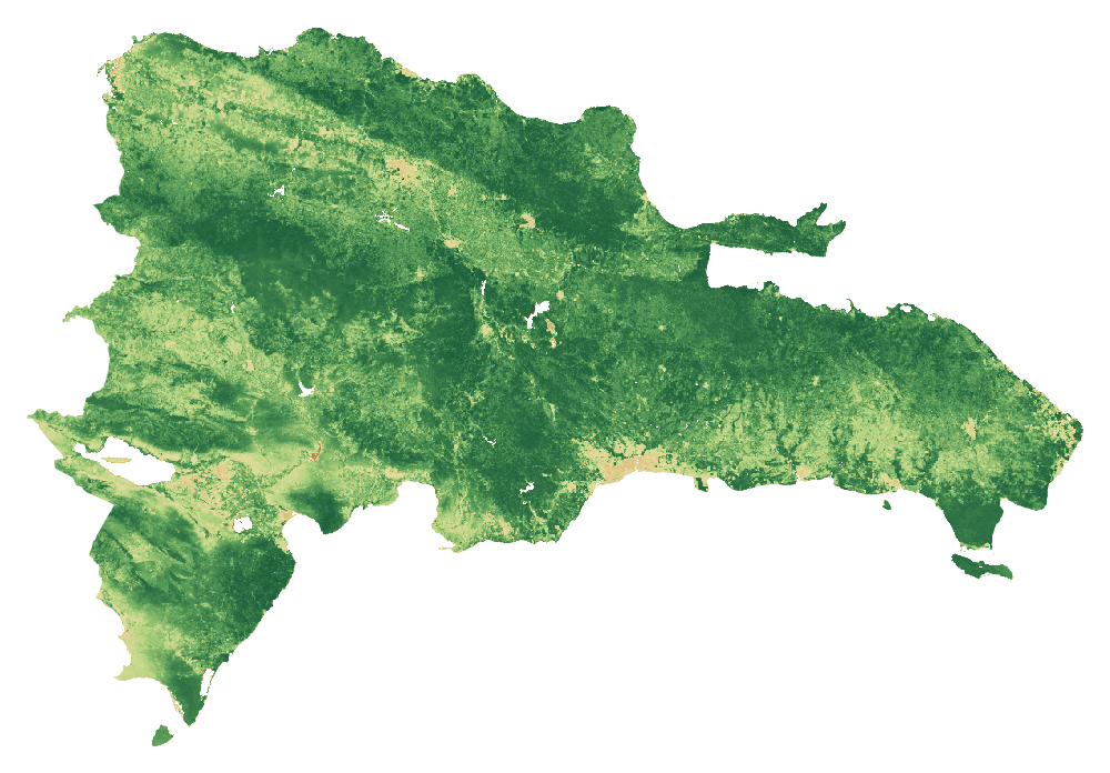 NDVI vegetation-signal median composite of Dominican Republic, January to September 2026; same extent as the natural-colour view