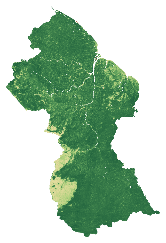 NDVI vegetation-signal median composite of Guyana, January to September 2026; same extent as the natural-colour view