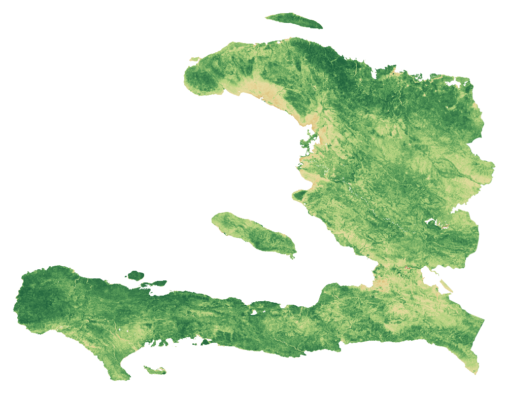 NDVI vegetation-signal median composite of Haiti, January to September 2026; same extent as the natural-colour view
