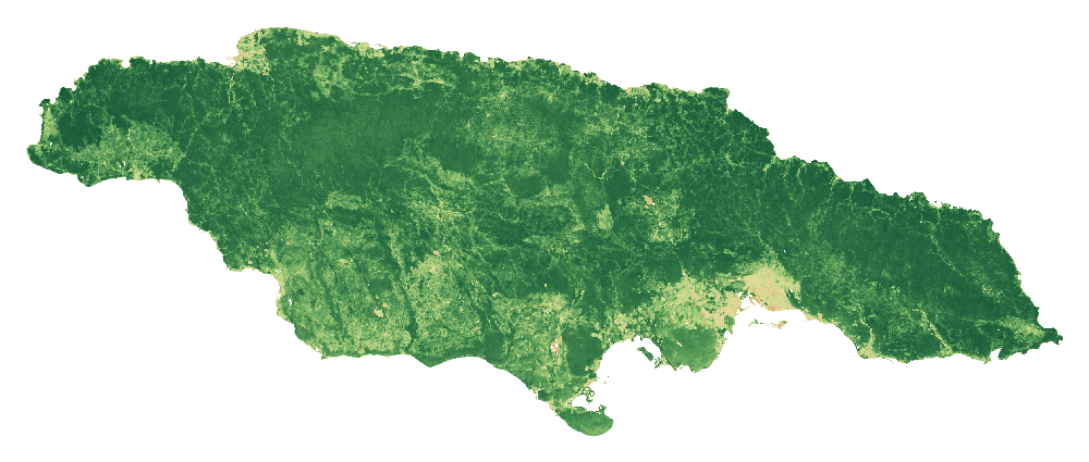 NDVI vegetation-signal median composite of Jamaica, January to September 2026; same extent as the natural-colour view