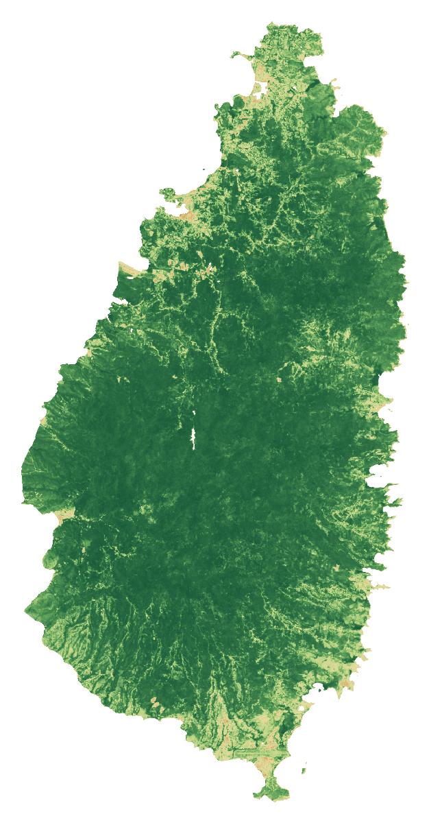 NDVI vegetation-signal median composite of Saint Lucia, January to September 2026; same extent as the natural-colour view