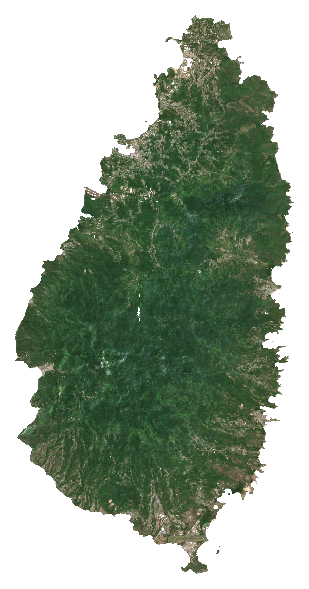 Natural-colour Sentinel-2 median composite of Saint Lucia, January to September 2026