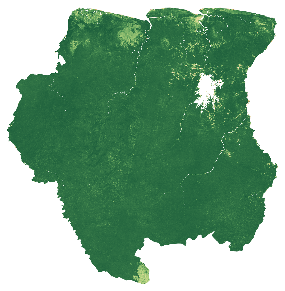 NDVI vegetation-signal median composite of Suriname, January to September 2026; same extent as the natural-colour view