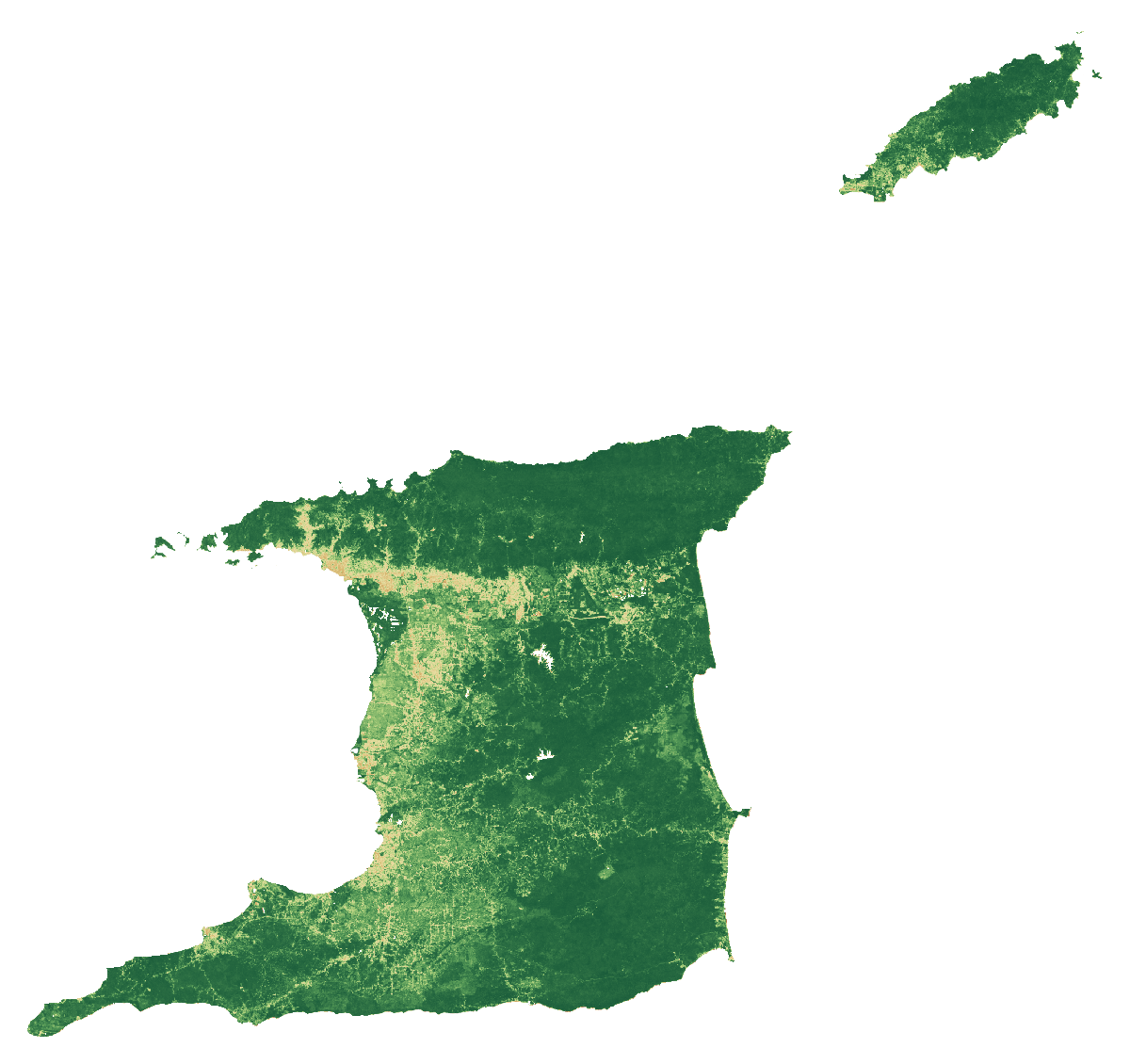 NDVI vegetation-signal median composite of Trinidad and Tobago, January to September 2026; same extent as the natural-colour view