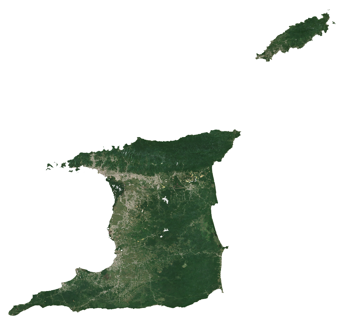 Natural-colour Sentinel-2 median composite of Trinidad and Tobago, January to September 2026