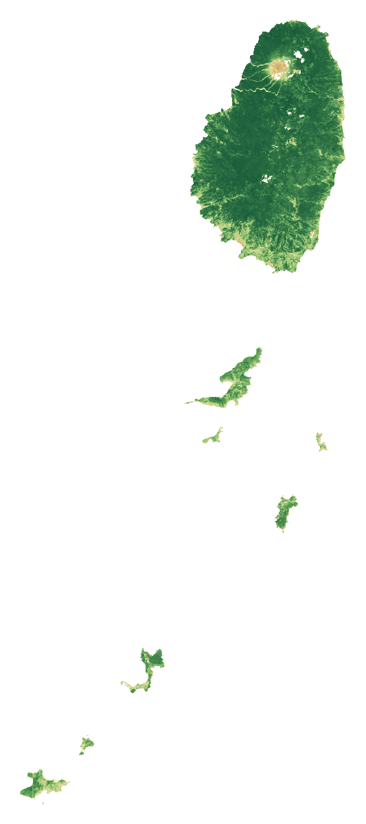NDVI vegetation-signal median composite of Saint Vincent and the Grenadines, January to September 2026; same extent as the natural-colour view