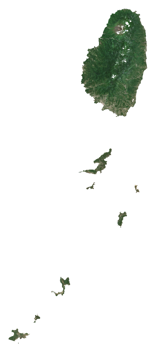 Natural-colour Sentinel-2 median composite of Saint Vincent and the Grenadines, January to September 2026